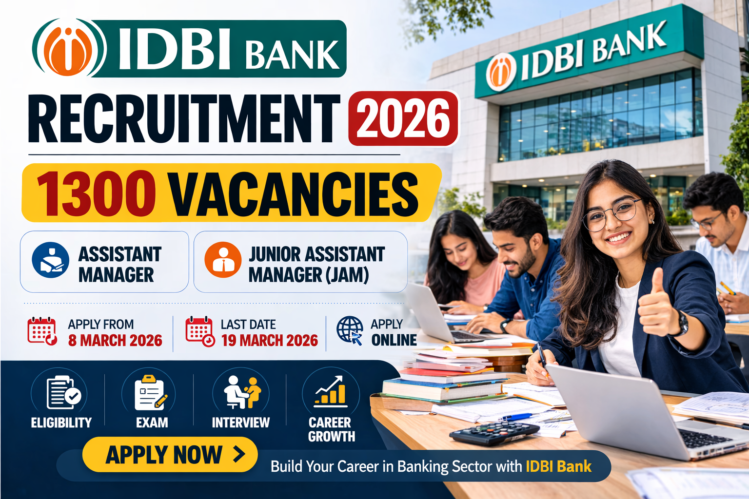 IDBI Bank Recruitment 2026 1300 Assistant Manager & Junior Assistant Manager Vacancies Announced, Apply Online