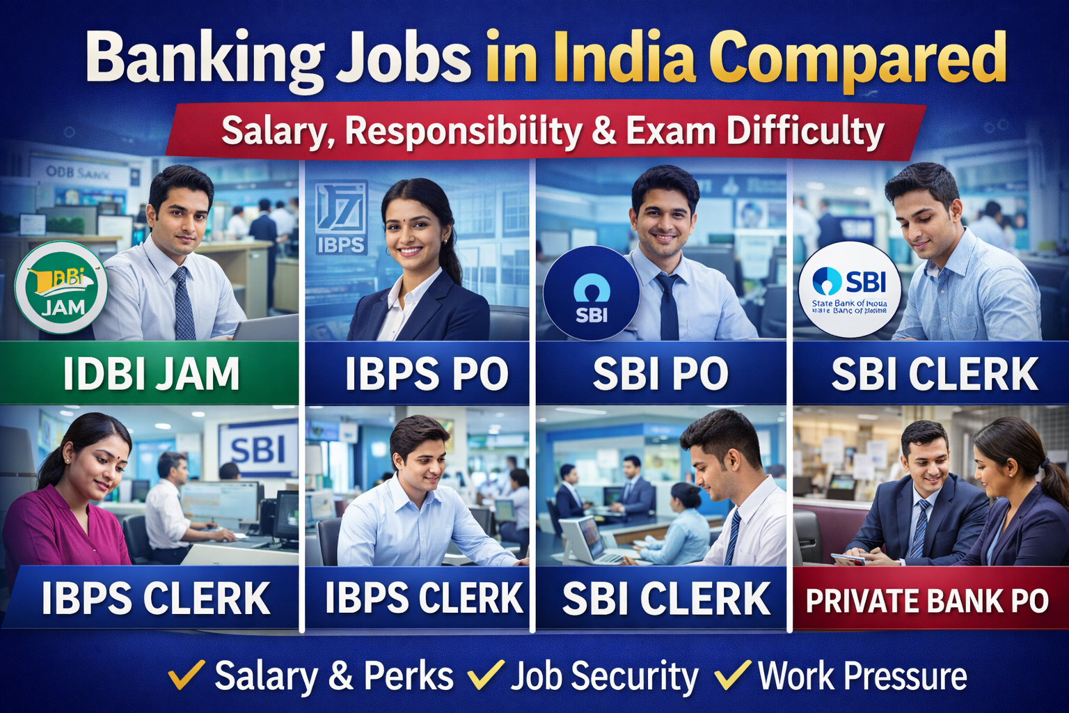 Compare IDBI JAM, IBPS PO, SBI PO, IBPS Clerk, SBI Clerk and Private Bank PO jobs. Check salary, job profile, work pressure, promotion, exam difficulty and career growth.