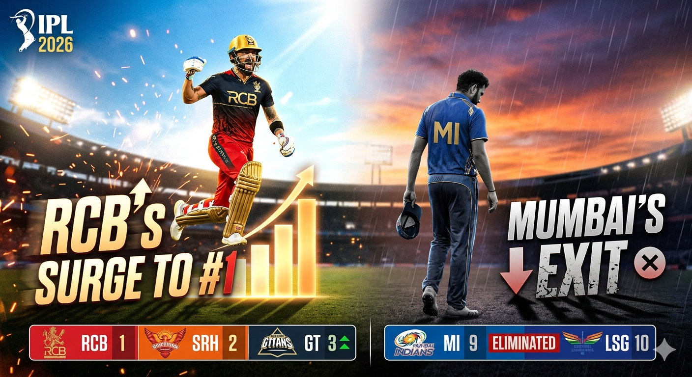 IPL 2026 Points Table RCB Leads Standings as Mumbai Indians Officially Eliminated