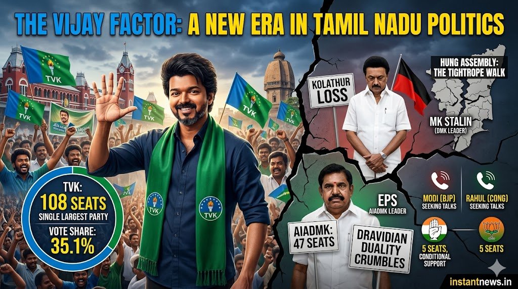 Vijay victory rally after 2026 election results.