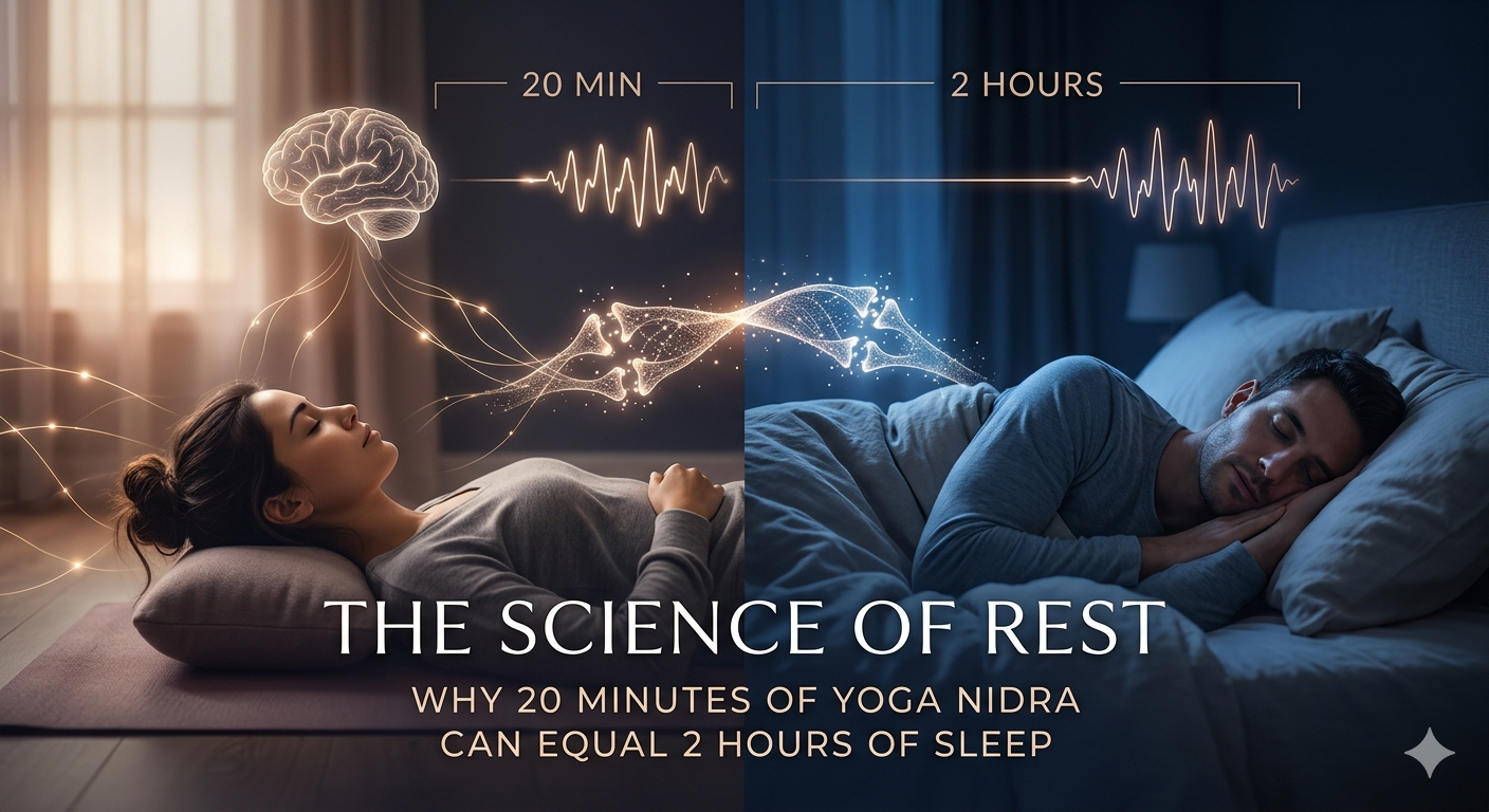 Discover the neuroscience behind Yoga Nidra. Learn how a 20-minute conscious rest session replicates deep delta brainwaves to match 2 hours of regular sleep.