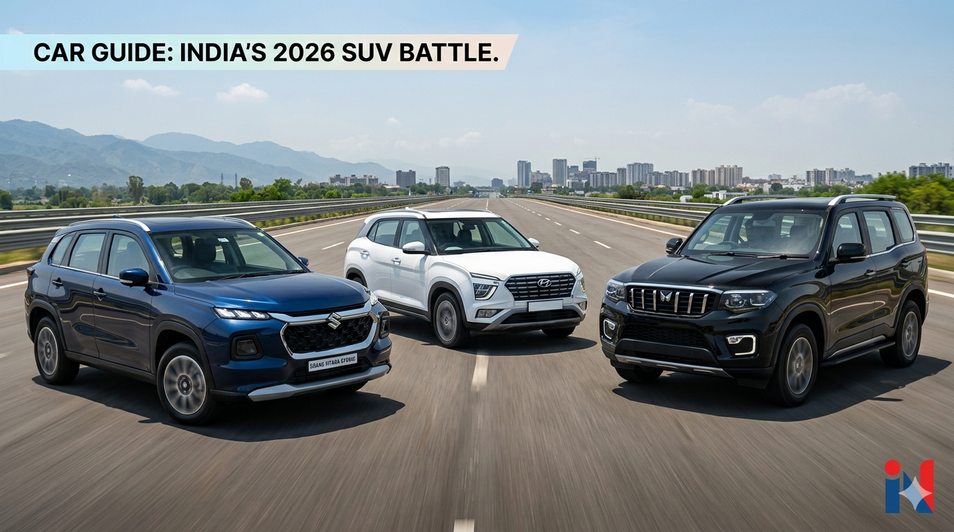 Hyundai Creta, Maruti Grand Vitara, and Mahindra Scorpio-N parked side by side on a wide Indian expressway for a comparison review.